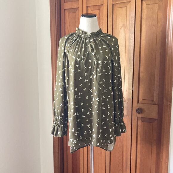 Kaari Blue Green Bird Print Pullover Top, Size M - Picture 1 of 8